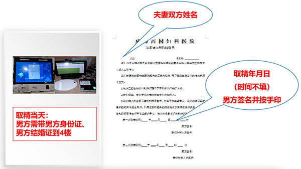 取精当天:男方需带男方身份证、男方结婚证到4楼 夫妻双方姓名、取精年月日、(时间不填)、男方签名并按手印